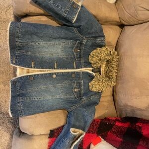 Abercrombie & Fitch Denim Jacket with Fur-Lined Hood in Classic Blue